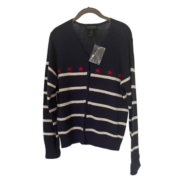 NWT All Points Knit Cardigan Sweater Patriotic Navy Blue Striped Red Stars Med - Picture 1 of 6